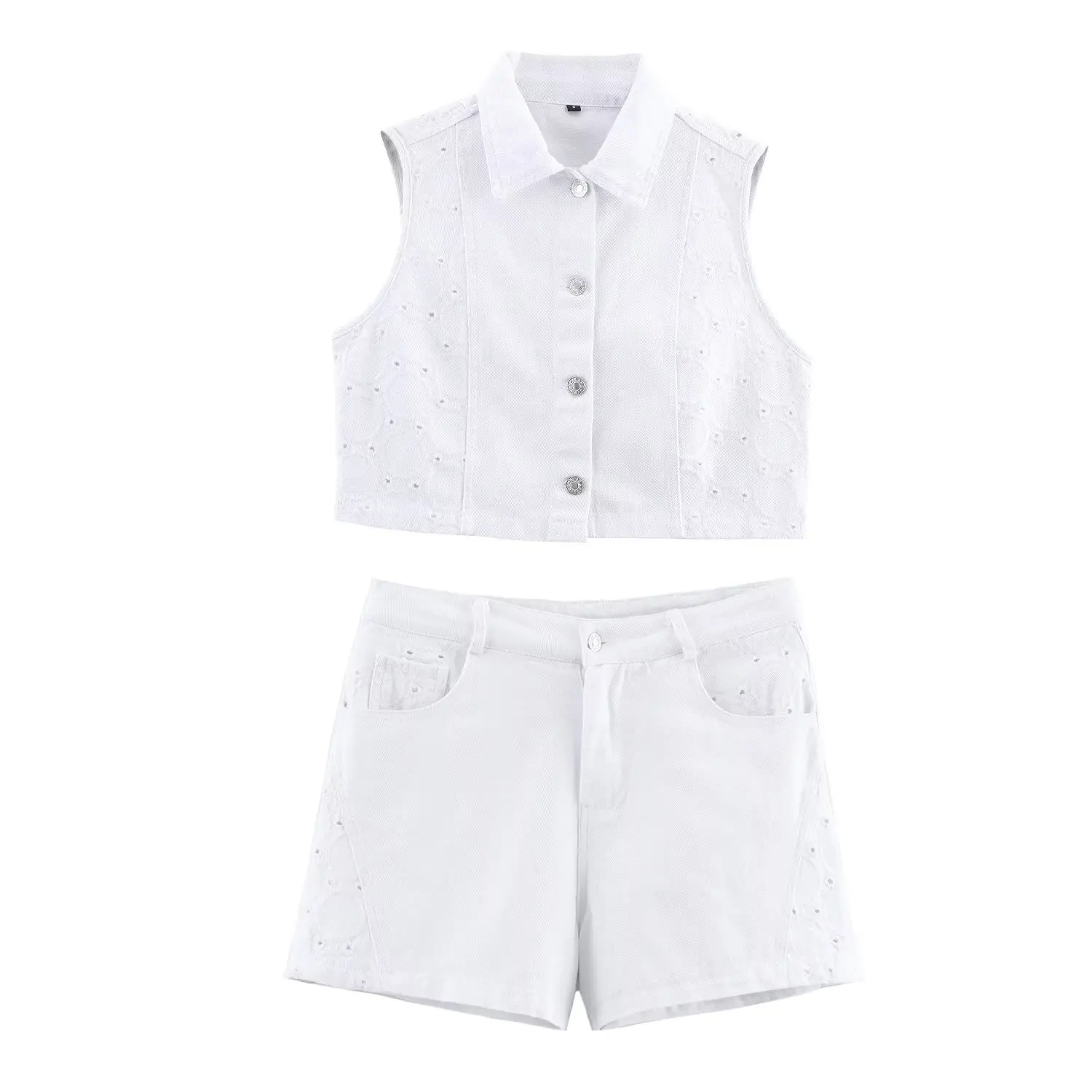 

женский джинсовый костюм с вышивкой, однобортный однобортный укороченный жилет без рукавов с лацканами, свободный комплект мини-шорт с высокой талией и карманами на молнии