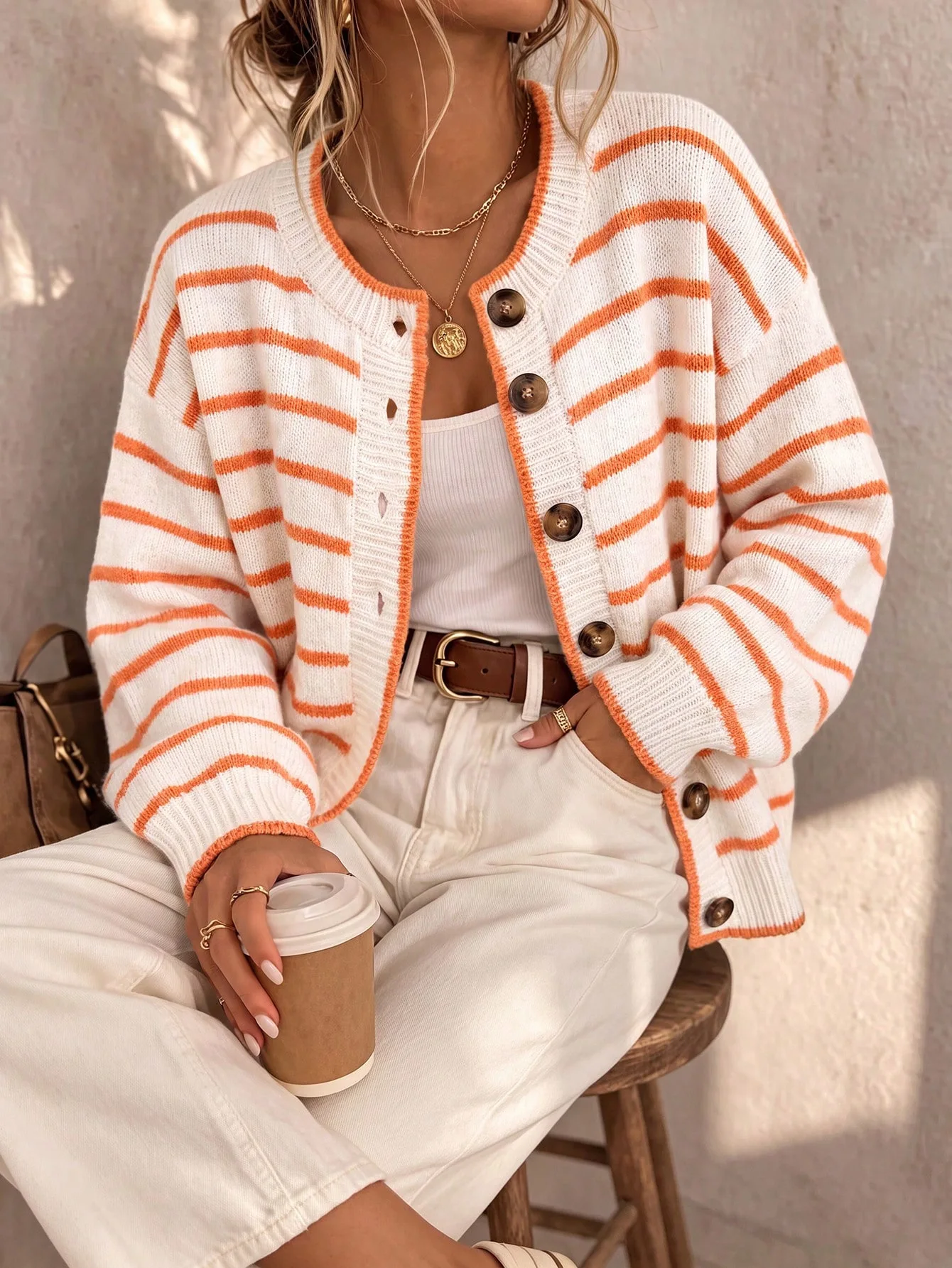 Women's European American Style Striped Knit Cardigan, Loose Casual Sweater Coat for Women 4