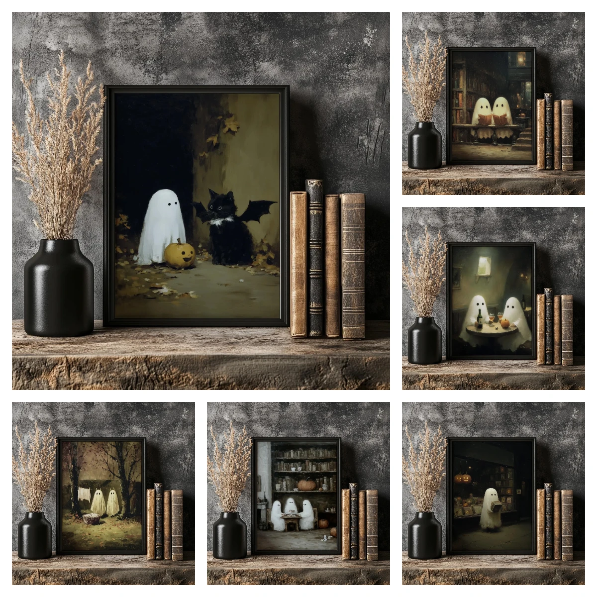 Vintage Halloween Ghost & Black Cat Canvas Painting Funny Spooky Cozy Ghost Reading Book Poster Frameless Halloween Decor Poster