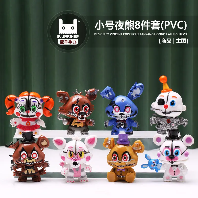 novo-conjunto-de-8-pecas-bonecos-de-personagens-fnaf-urso-noturno-palhaco-sol-boneco-sundrop--ornamento-para-bolo-presente-de-aniversario
