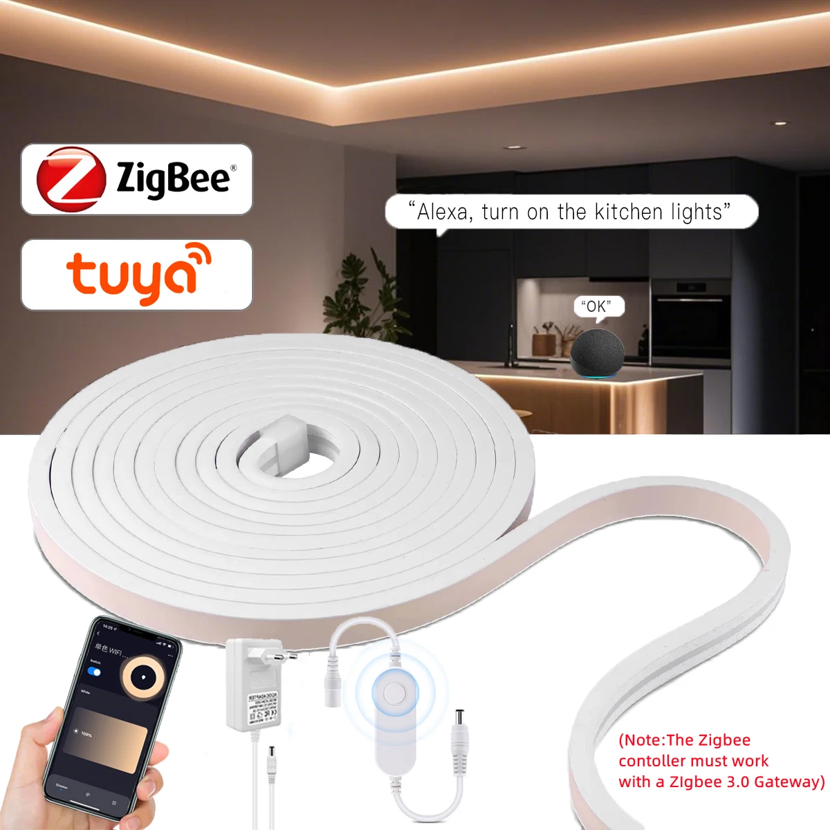 تويا زيجبي عكس الضوء LED قطاع مصباح الخزانة 12 فولت Ra90 مقاوم للماء 320 المصابيح/م التطبيق الذكي التحكم الصوتي شريط مرن النيون الشريط