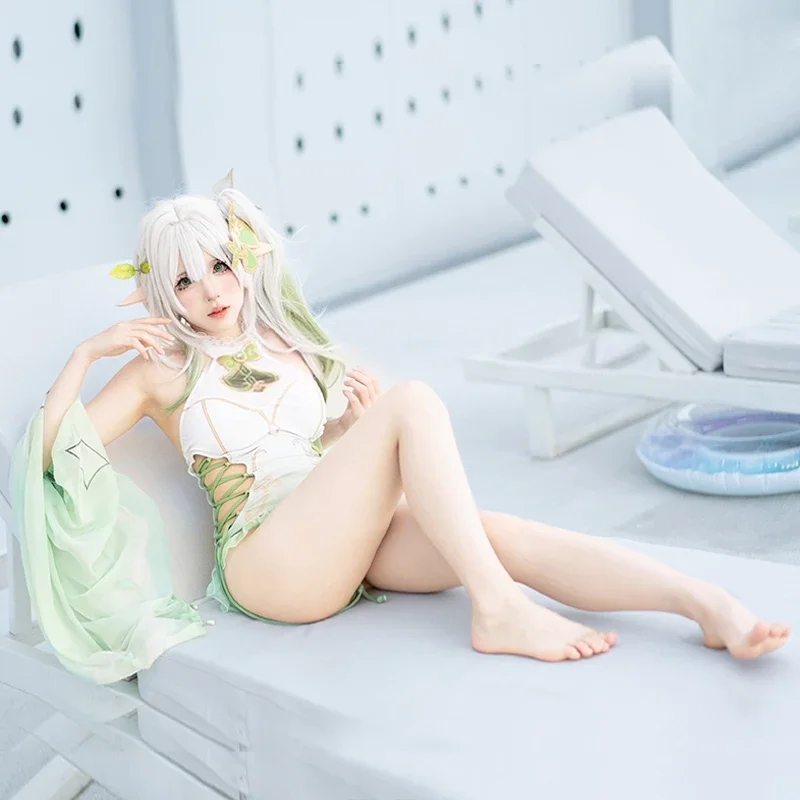 Genshin Impact Nahida costume da bagno donna Halter Side Lace-up Girl body costume da bagno con maniche Beach Party Swimwear