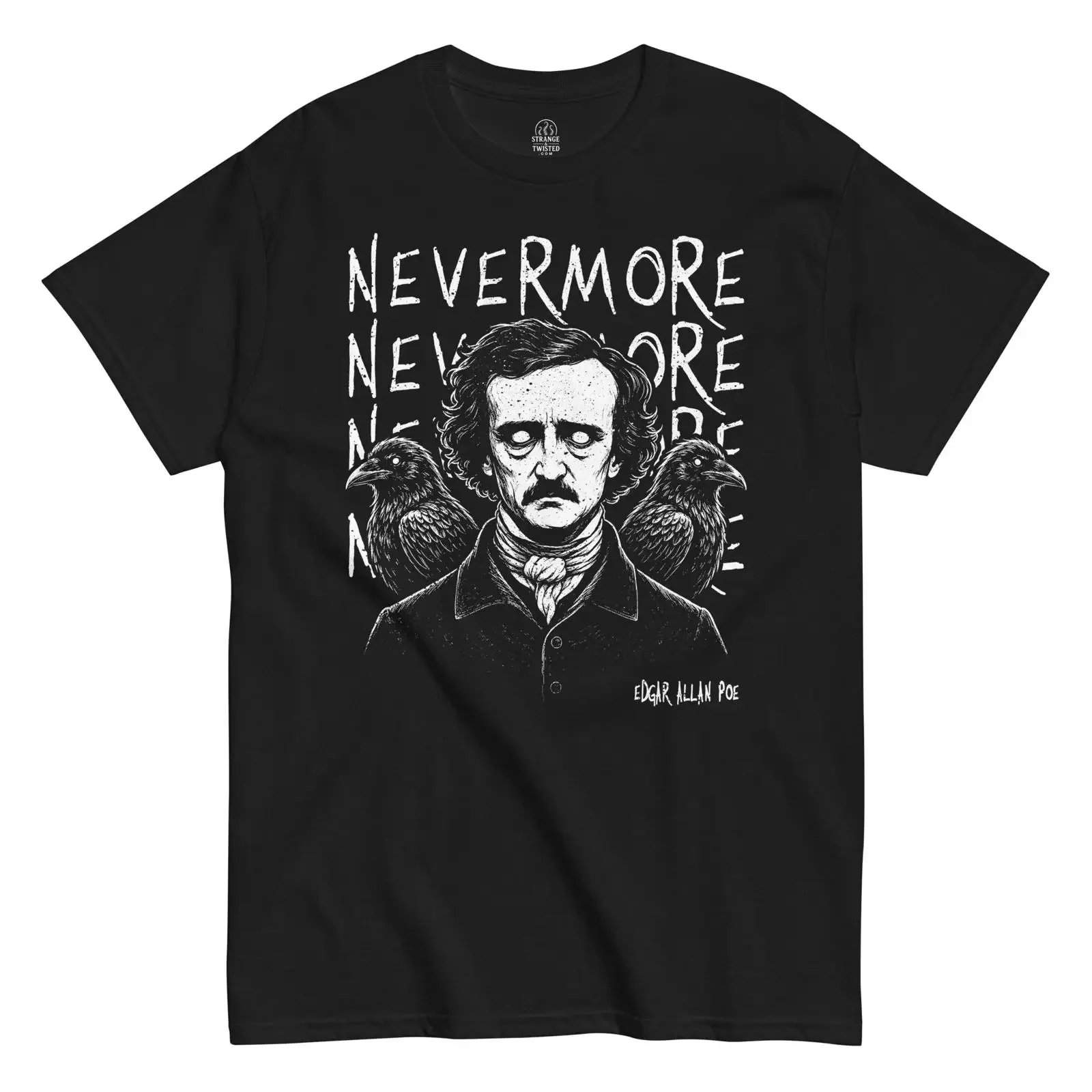 Camiseta Nevermore Edgar Allan Poe con retrato gótico en vista frontal con cuervos y tipografía blanca desgastada sobre fondo negro vintage