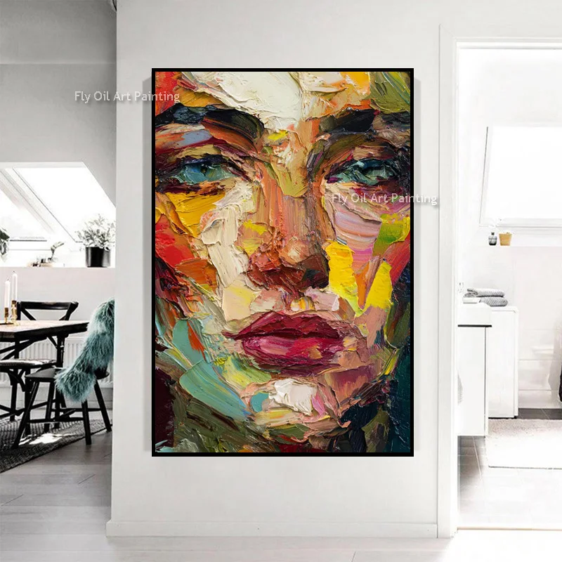 100% Hand‑Painted Modern Face Portrait Oil Art, Bold Thick Brushstroke Canvas Artwork For Living Room Decor