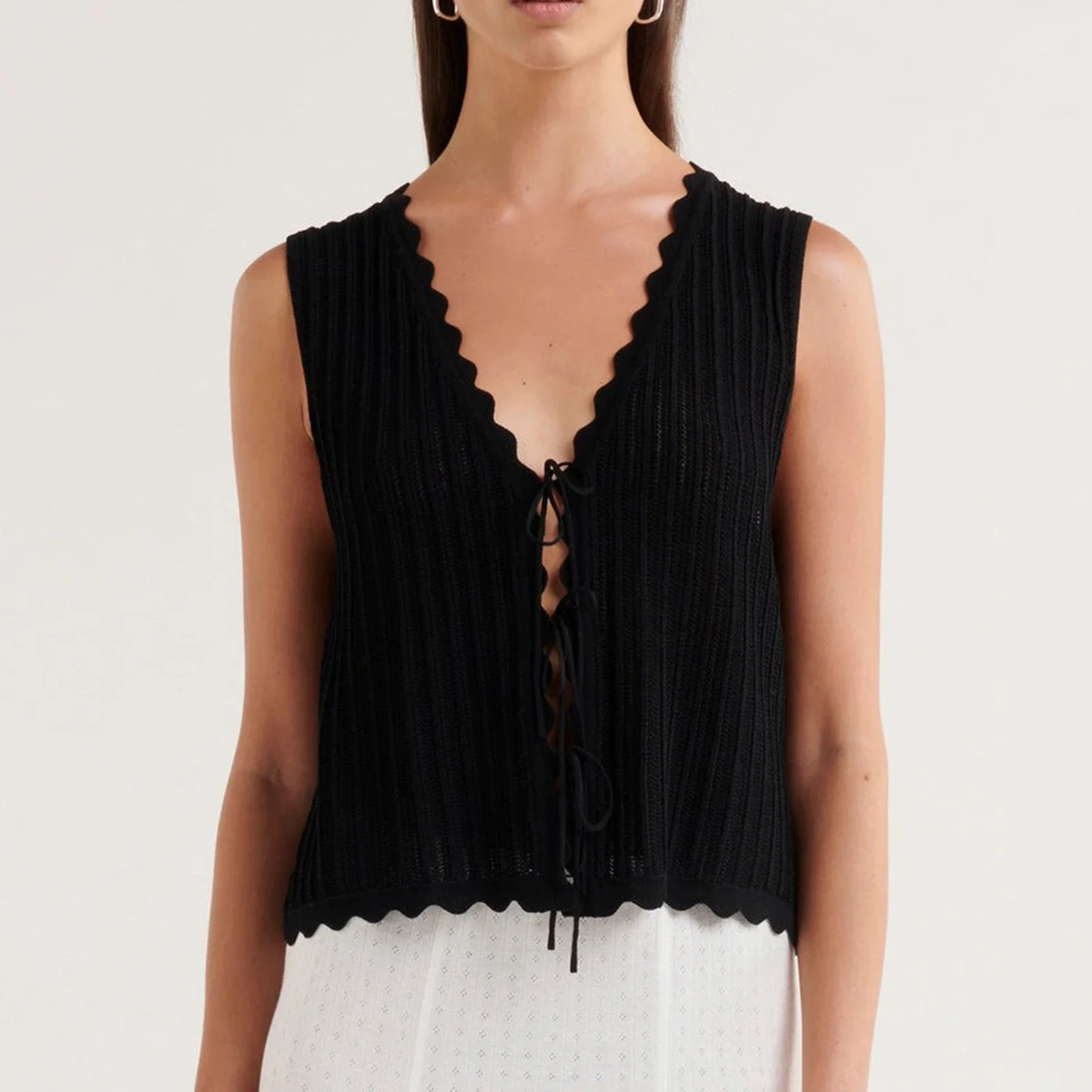 ملابس علوية غير منتظمة منسوجة للتنظيف للنساء ، ربطة عنق صيفية بدون أكمام برقبة على شكل حرف V ، صدرية أزياء غير رسمية جمالية