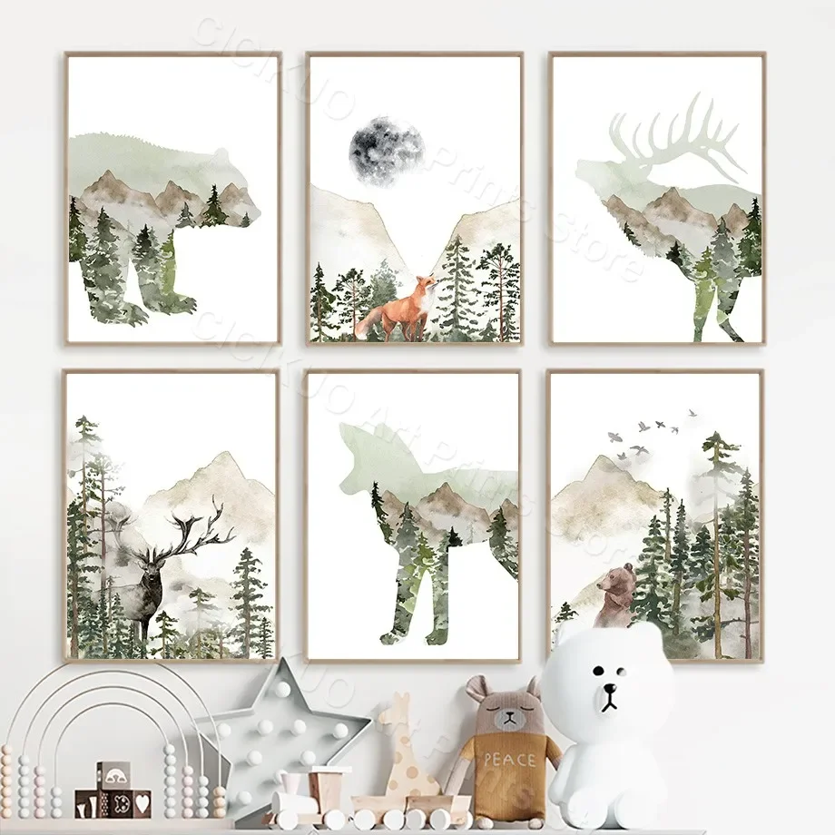 Forest Adventure Theme Nursery Sage Green Woodland Animals Wall Art Canvas Painting Posters Prints Wall Pictures Kids Room Decor