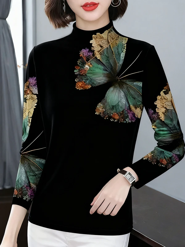 

Fashionable Printed Long Sleeve T-Shirt Women's Base Layer Shirt Slimming Meat Covering Stylish Warm Top for Middle-Aged Women