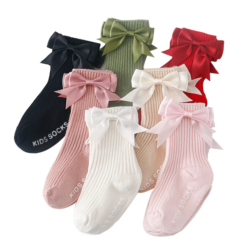 

0-36M Baby Girl Floor Socks Letter Pattern Bowknot Non Slip Toddler Walking Socks with Grips Crew Socks for Kids Infant