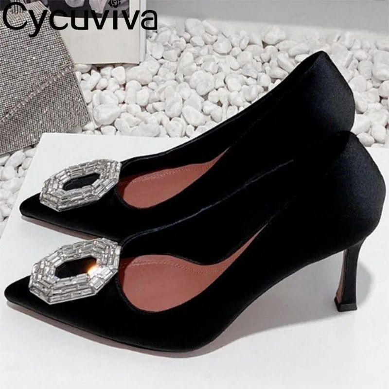 

New Pointy Toe Satin Crystal Shoes Women Pumps Rhinestone High Heel Dress Shoes Summer Sexy Party Wedding Designer Shoes Women