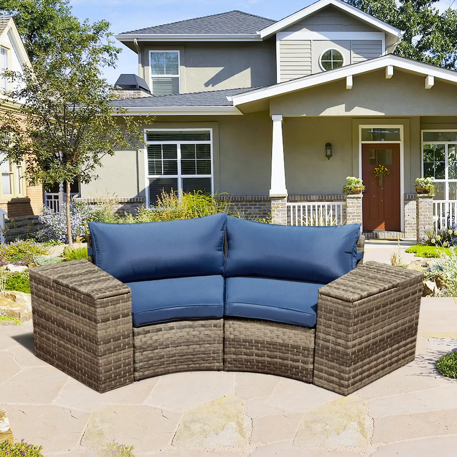 Blue Half-Moon Wicker Patio Sectional with Cushion & 2 Storage Tables, All-Weather for Pool Backyard Garden, Customized