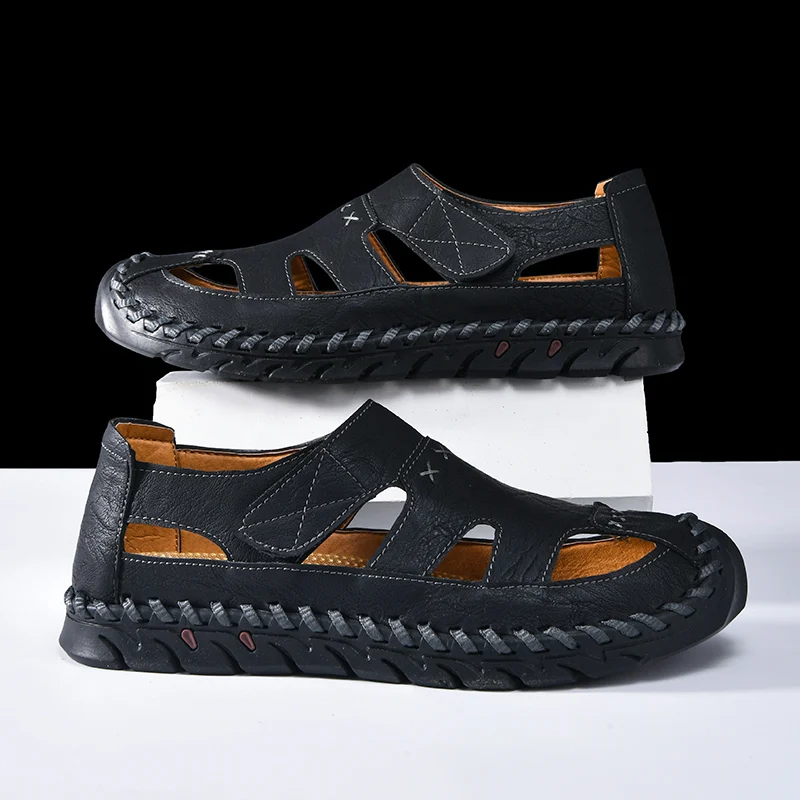 صنادل جلدية رومانية صيفية للرجال - نعل ناعم غير قابل للانزلاق كاجوال للرياضات الخارجية والقيادة على الشاطئ
