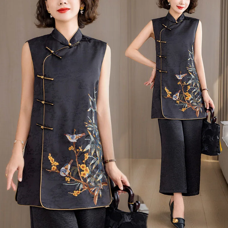 

Summer Women Chinese Style Vest Oriental Flower Embroider Hanfu Tang Suit Retro Sleeveless Waistcoat
