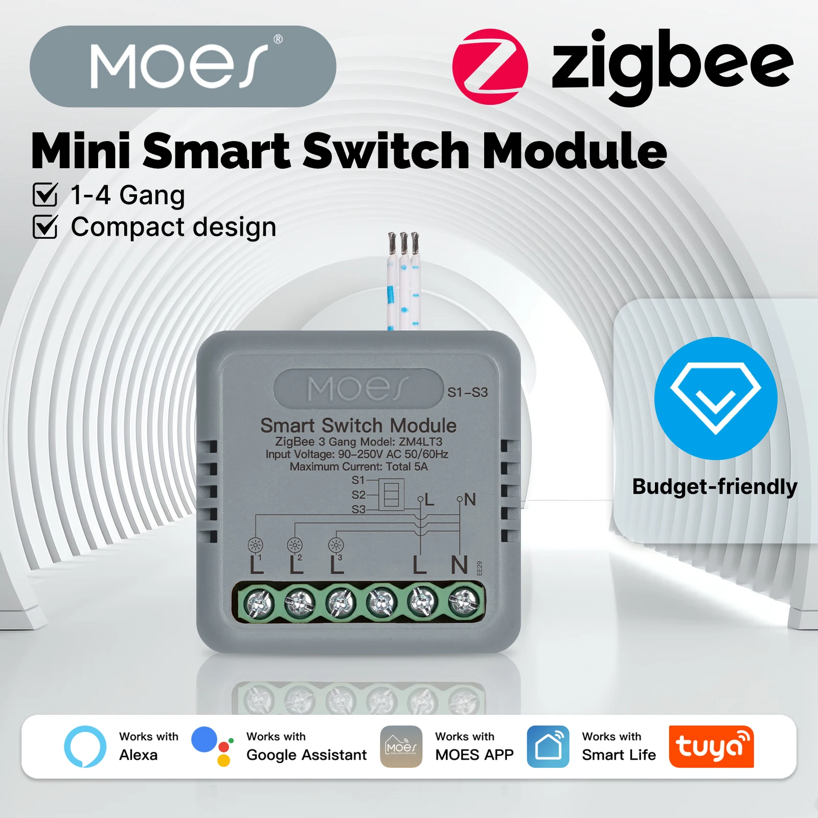 MOES Zigbee Mini Smart Switch Module(ZM4LT3) 3 Gang 5A Tuya App Remote Control Work with Alexa Google Home