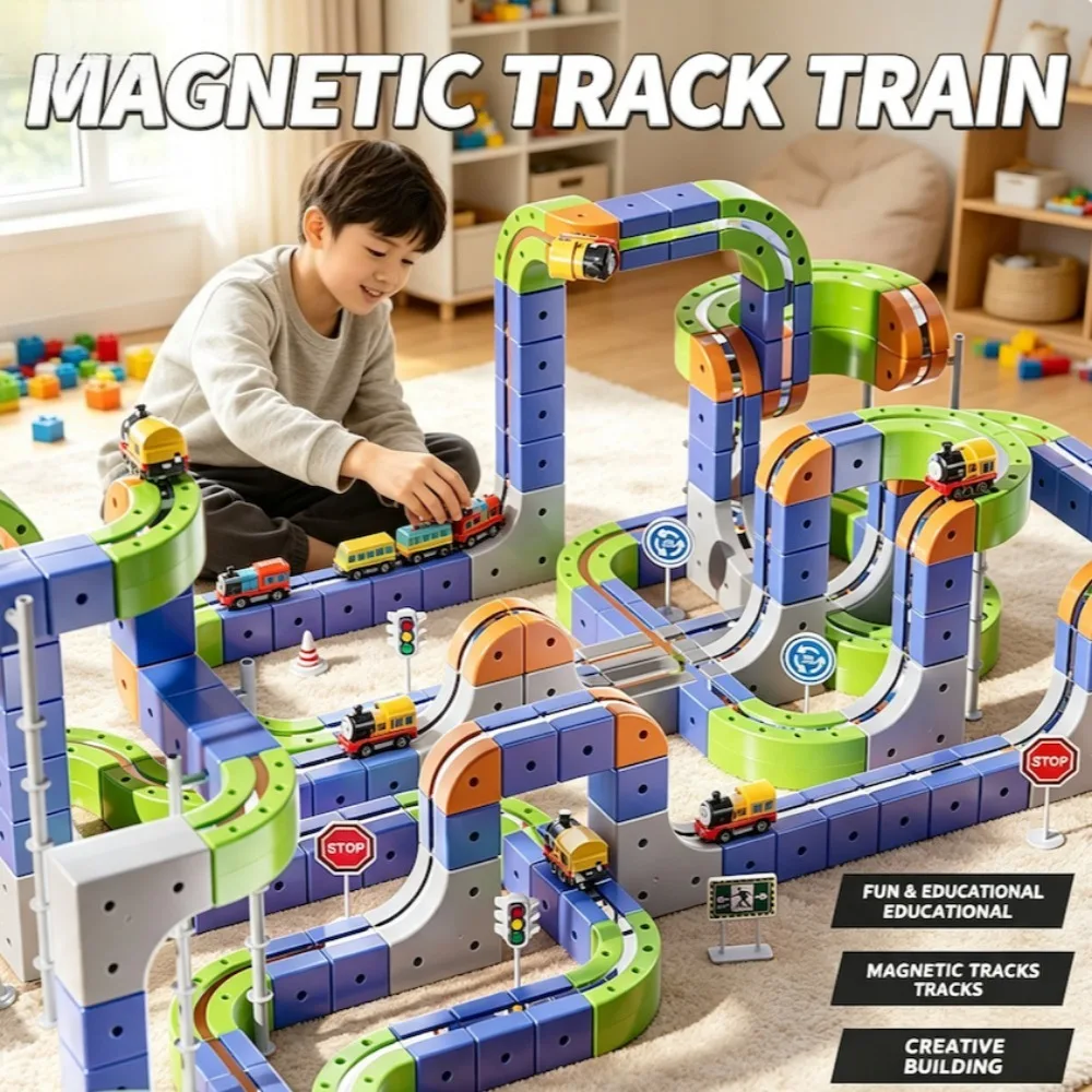 Bloques de Construcción de Vías Magnéticas Eléctricas DIY con Vehículos de Alta Velocidad Antigravedad, Juguete de Cubos de Rompecabezas, Regalo de Navidad