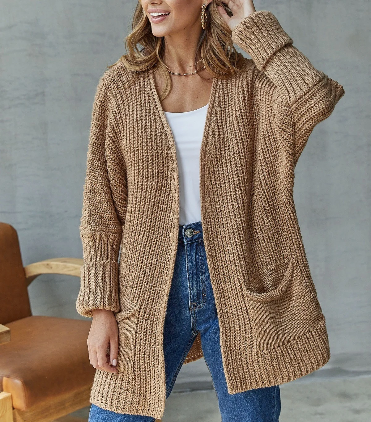 

Вязаный кардиган с карманами для женщин, повседневное длинное пальто с v-образным вырезом, модный осенне-зимний свитер с длинными рукавами, винтажный шикарный женский свитер