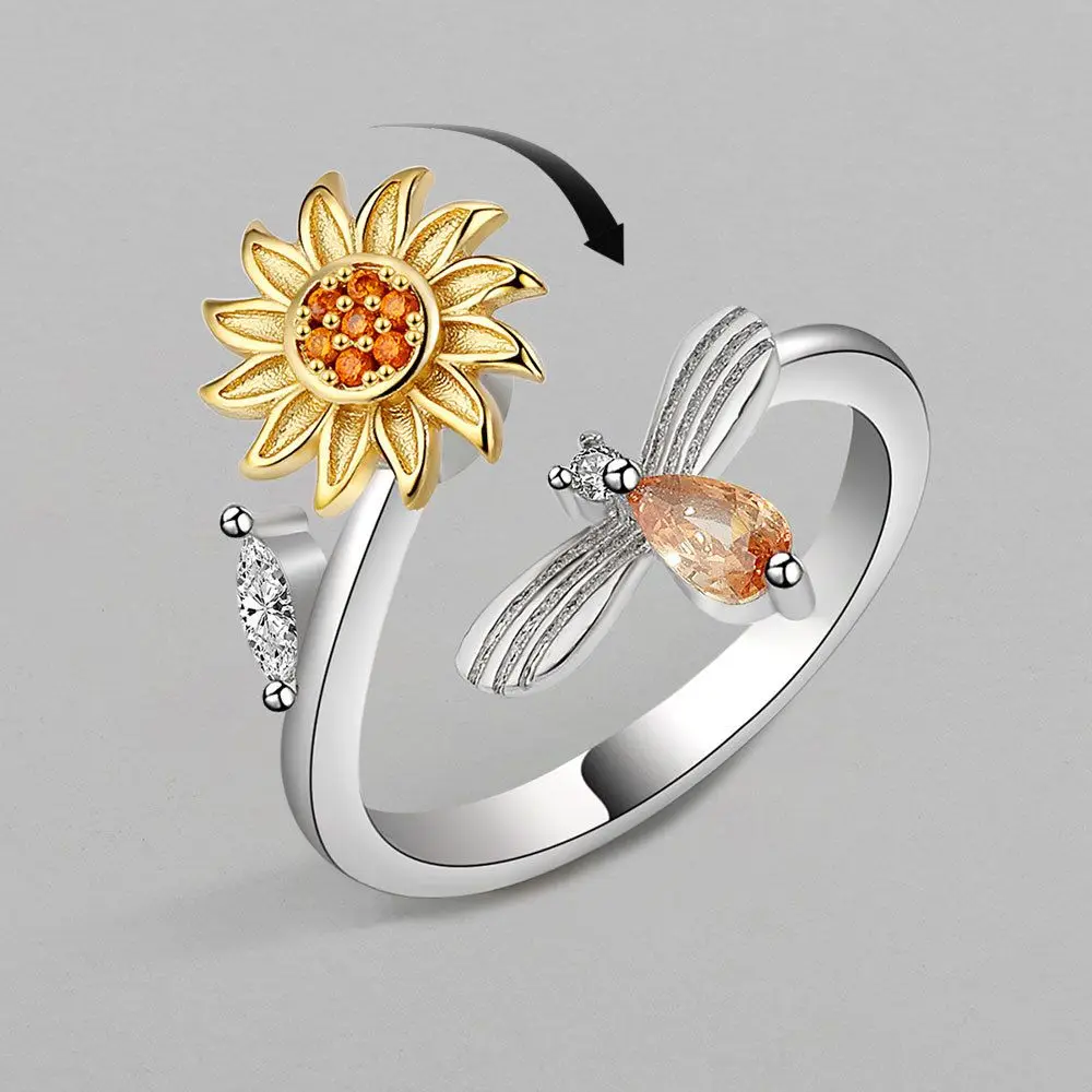 Crystal Fashion Sunflower Adjustable Rotate Freely Anti-stress Finger Ring Rotating Ring Spinning Anxiety Ring
