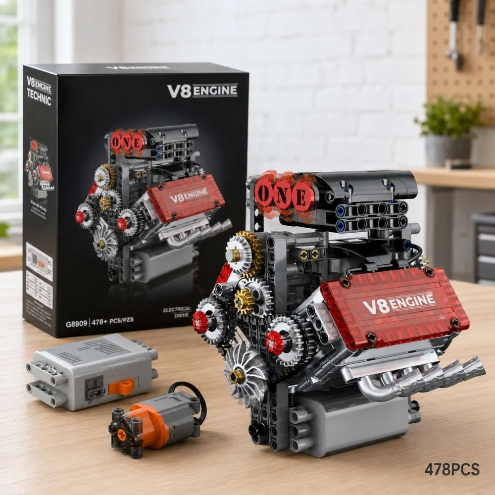 478pcs Mechanical V8 Engine Model Technical Building Blocks, Rotating Gear Drive Fine Details DIY STEM Educational Decor Toy