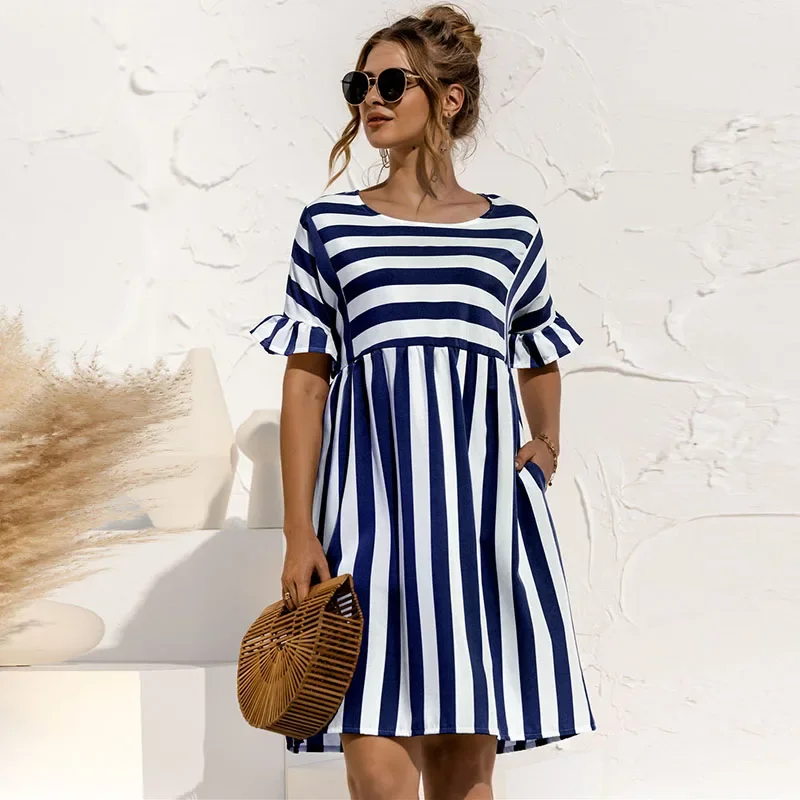 Women Summer Dress Cute Loose Striped Print Ruffles Sleeves Dresses Elegant A Line Patchwork Beach Party Female Dress Vestidos