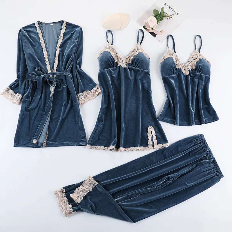 Sexy Female 4PCS Robe Set Velour Lace Bathrobe Women Kimono Bath Gown Loose Sleepwear Nightwear Bridesmaid Robes Suit Homewear
