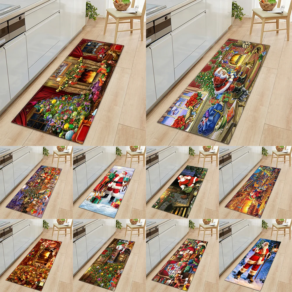 Christmas Kitchen Mat Entrance Door  Home Bedroom Floor Corridor Bathroom Anti-Slip Foot  Living Room Decorative Carpet