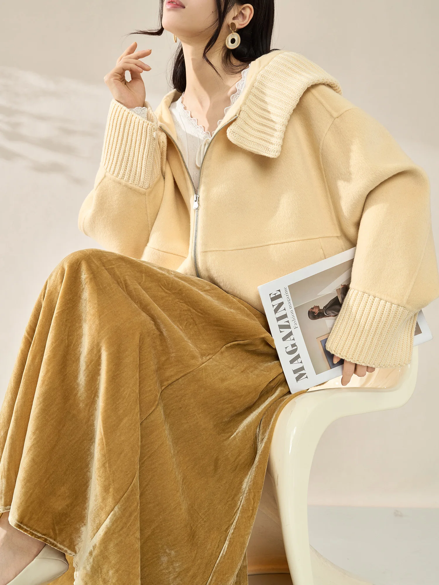 

Double-Sided Woolen Zipper Yellow Jaet Women's Faionable Outerwear Flowing Era Commute Sle Warm Polyester Fiber Coat