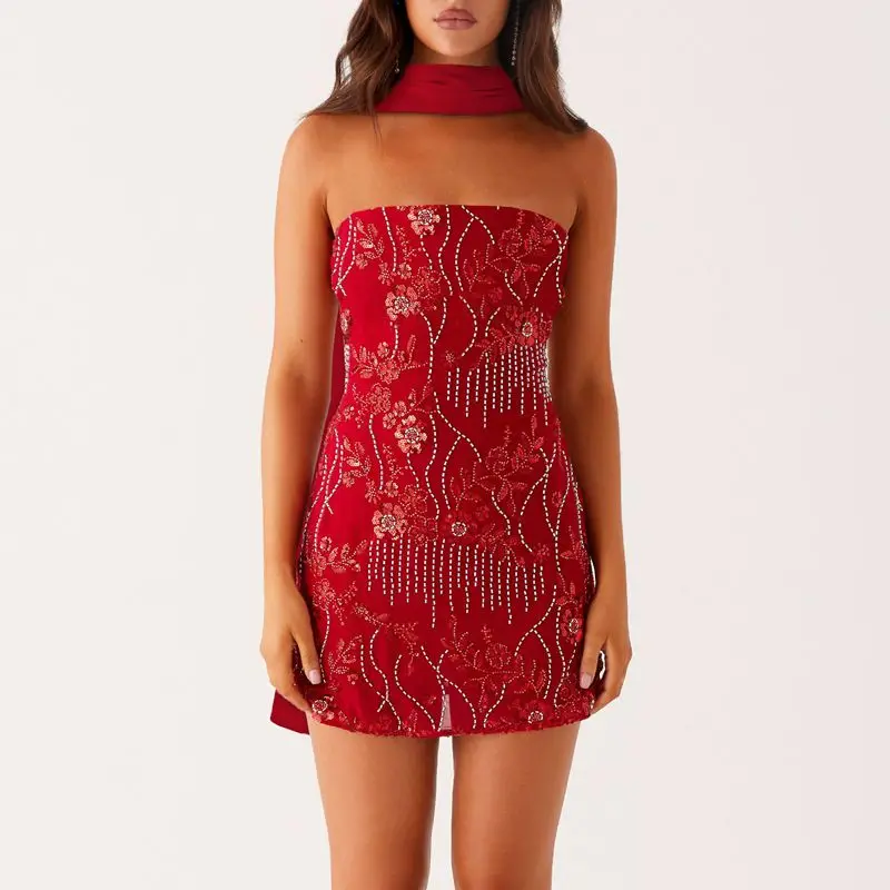 Combhasaki Women Luxury Strapless Summer Beading Glitter Sequins Floral Embroidery Backless Bodycon Short Tube Dress with Scarf