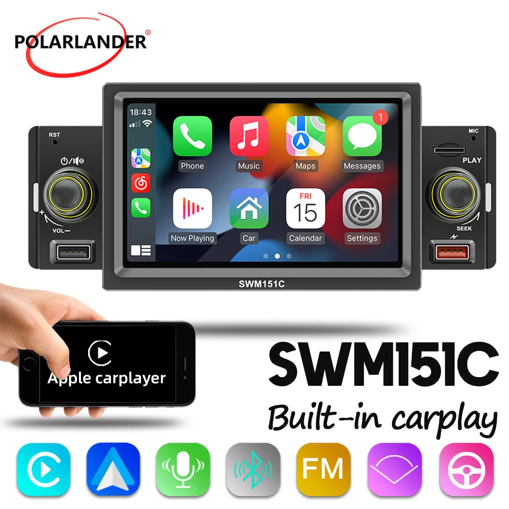 

1Din 5' Car Radio Android Auto/Apple CarPlay Mirror Link USB SD TF Bluetooth Hands-free Multimedia MP5 Player IPS Touch Screen