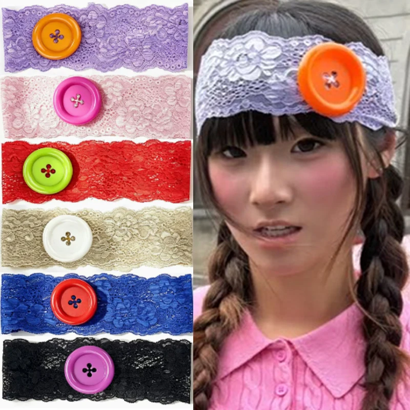 Vintage Women Lace Oversized Button Headband Spicy Girls Y2K Japanese Trendy Headband Sweet Cool Subculture Sports Yoga Headband
