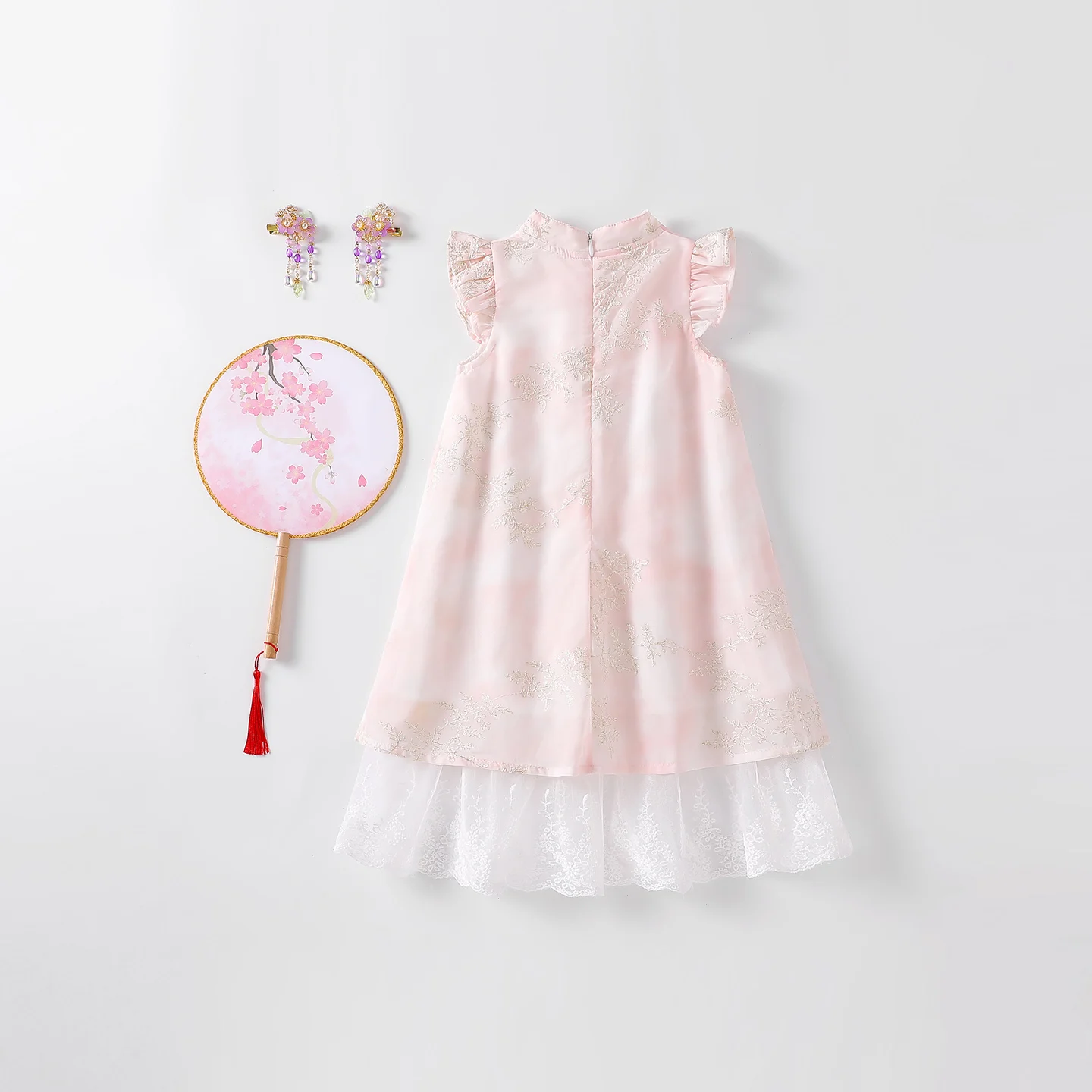 Girls' Improved Cheongsam Tang Suit in Pink Traditional Chinese Costume New Style Ancient Peak Flag Robe Children's Party Wear