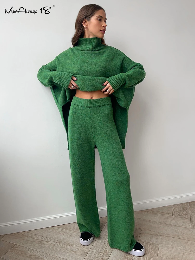 Mnealways18 Elegant 2-Piece Sets Women Knitted Sweater Outfits Wide Legs Pants Office Ladies Autumn Winter 2024 Solid Tracksuit