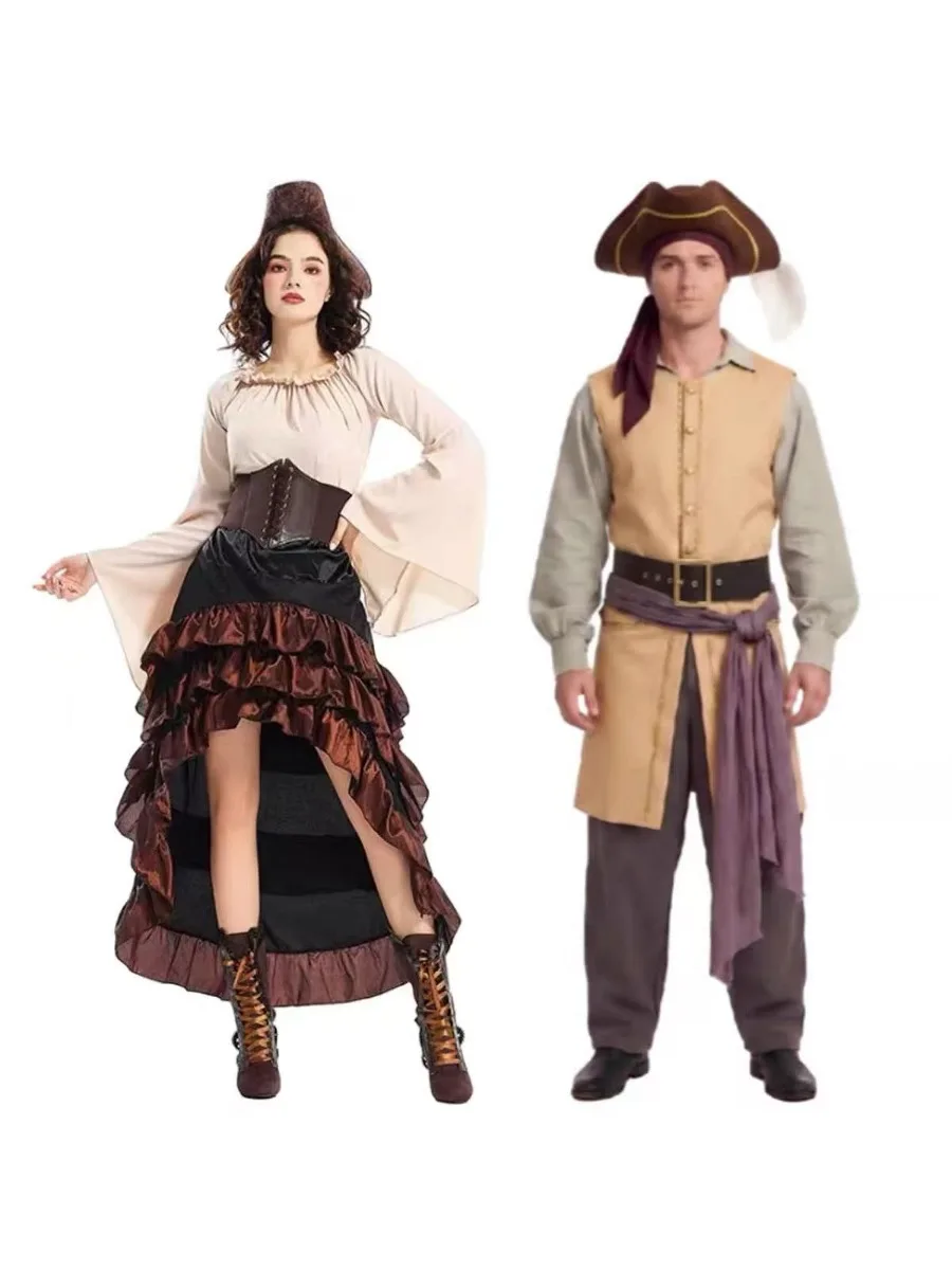 Kostium Pirata Kapitana Clarka z filmu Backrooms, męski strój cosplay, elegancka kamizelka, kapelusz, koszula, szarfa, pasek, pełny zestaw, damska sukienka piracka. — 2