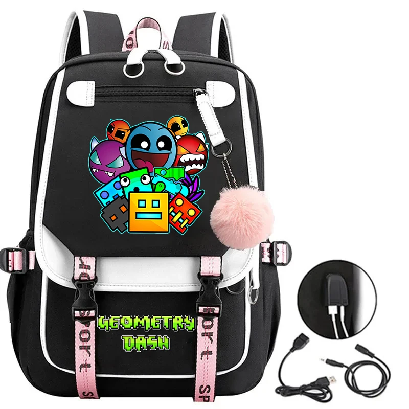 Mochila de carga USB anti-roubo Impressão de traço geométrico, Mochilas escolares para meninas adolescentes, grande capacidade, bolsa de moda para mulheres