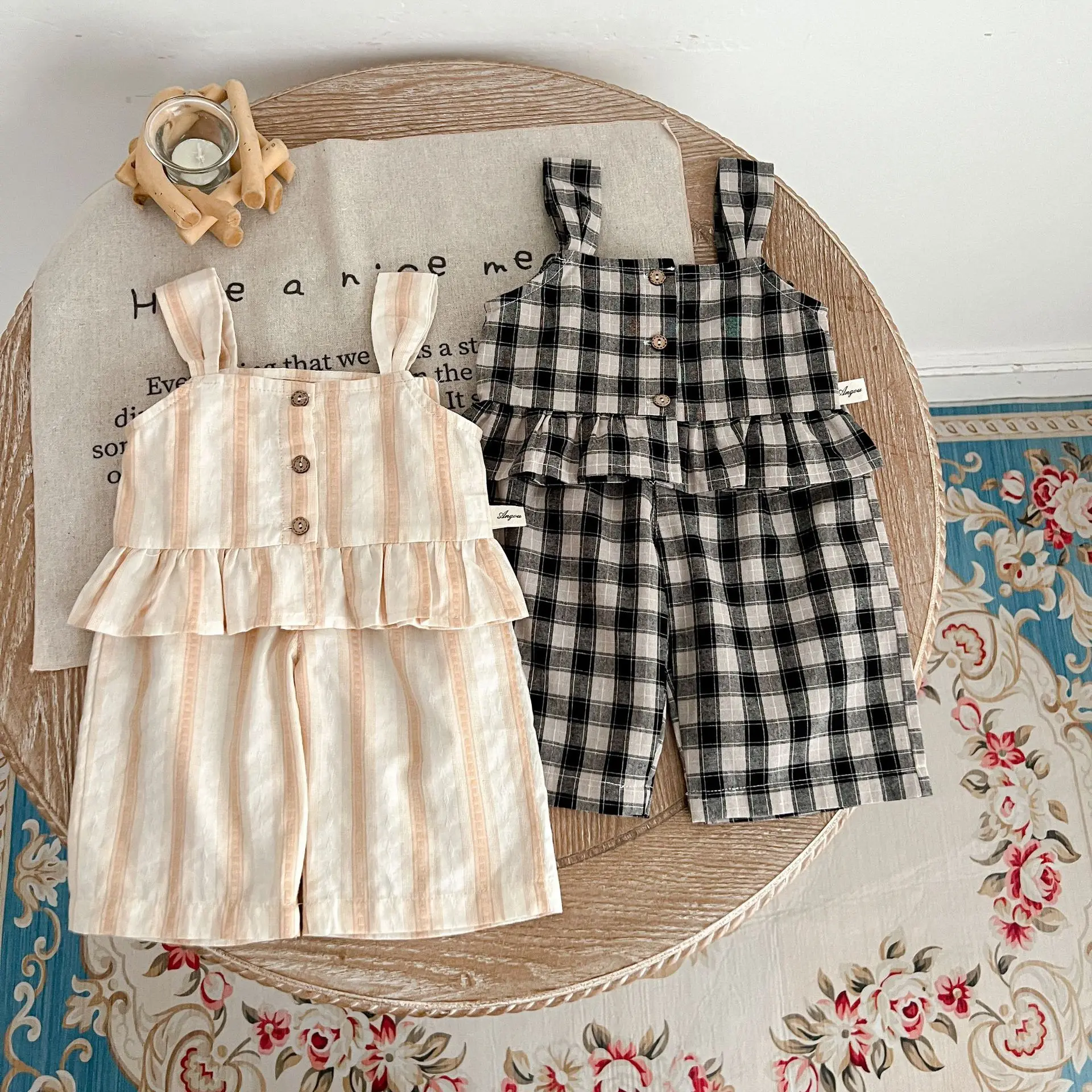 

Korea Baby's Sets Toddler Summer Girls Plaid Vest Top Pants Two-piece Set 2023 Baby Girl Outfit Set