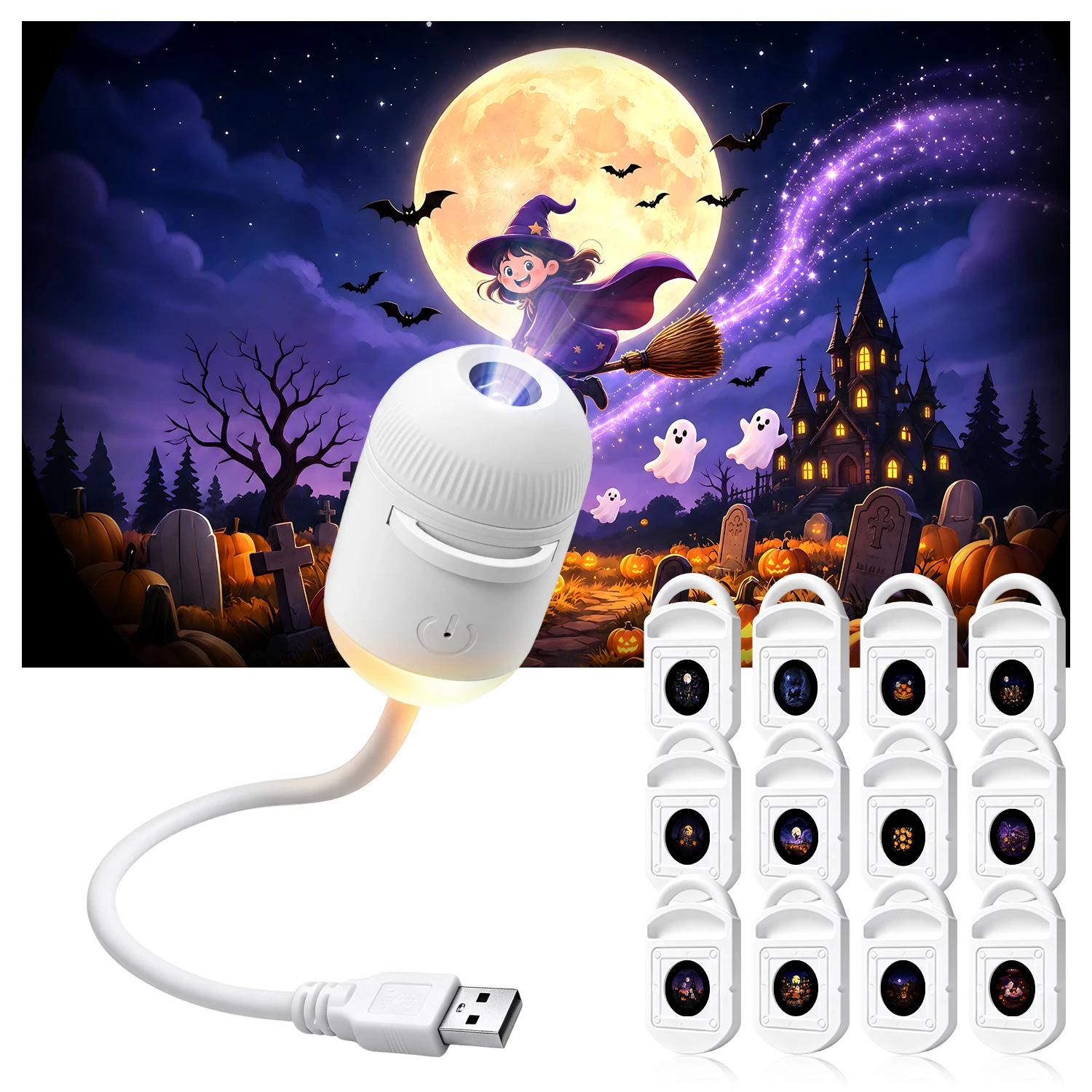 Halloween Projector Lights 12-in-1 USB Night Lamp, Scary HD Skull Ghost Witch Decor for Car Room Wall, Holiday Gift