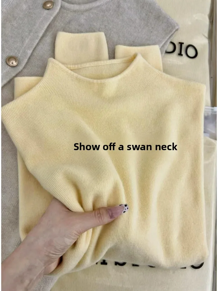 Korean Style Women's Knitted Long Sleeve Pullover Base Layer Top Half High Collar Autumn Winter Cream Yellow Warm Fleece Poly...