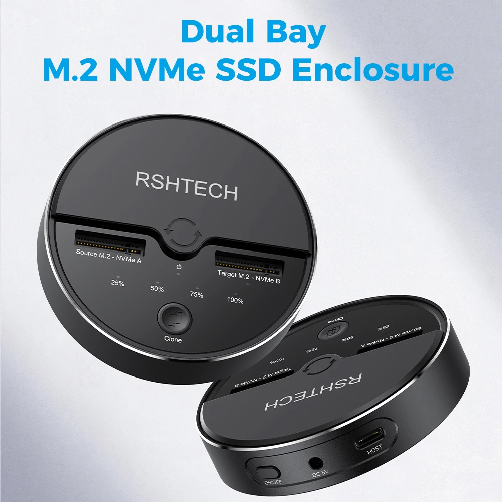 RSHTECH Multifunctional Dual-Bay M.2 NVMe SSD Enclosure 10Gbps USB C 3.2 to NVME Adapter 5V/3A Support with 2230/2242/2260/2280
