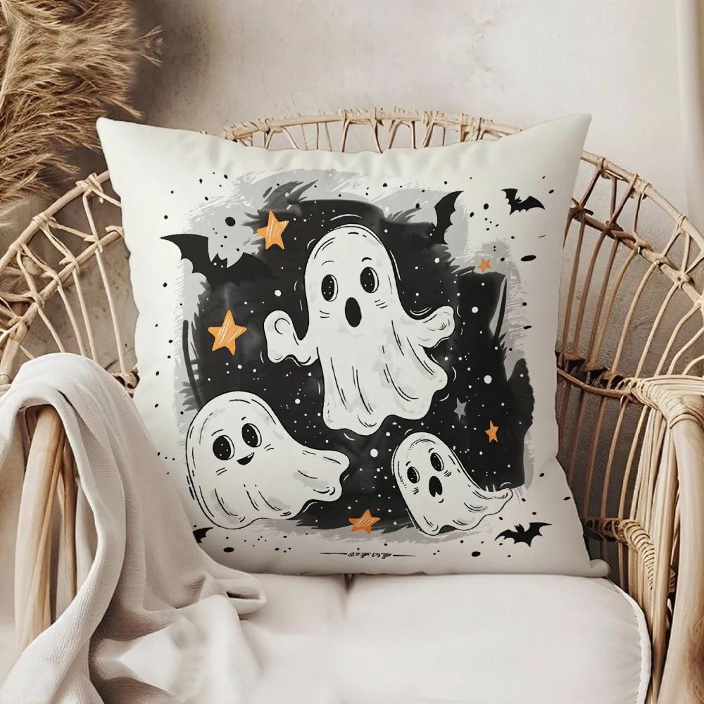 Square Throw Pillow Case White Cute Ghosts Stars Bats Halloween Print For Sofa Bedroom Living Room Home Decor