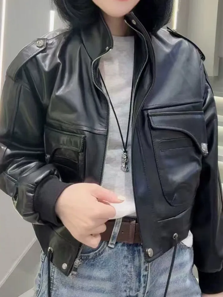 Fashion Spring Autumn Women Real Sheepskin Motor Biker Jacket Short Style Stand Collar Genuine Leather Jacket Casual Streetwear