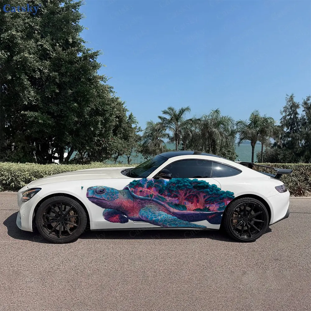 Turtle Bearing Lush Forest Car Side Wraps, Self-Adhesive PVC Waterproof & Scratch-Resistant Stickers, Car Accessory Gift