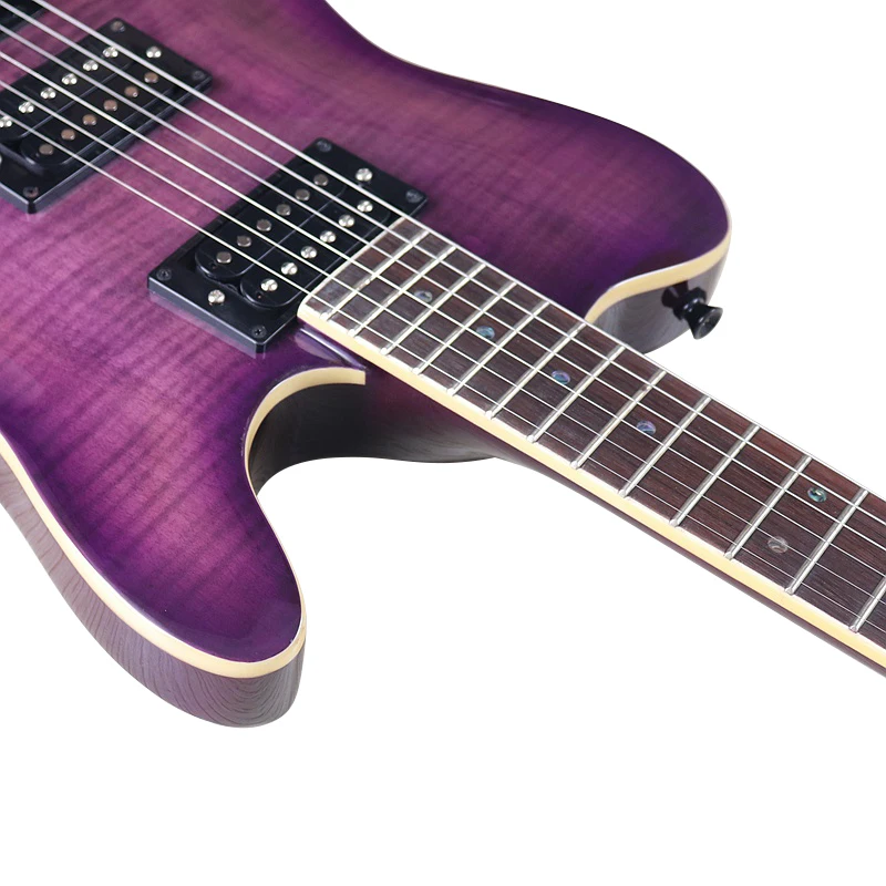 Neck Through 6 Strings Electric Guitar 39 Inch Flame Maple Top Purple Color High Glossy Guitarra Solid Okoume Wood