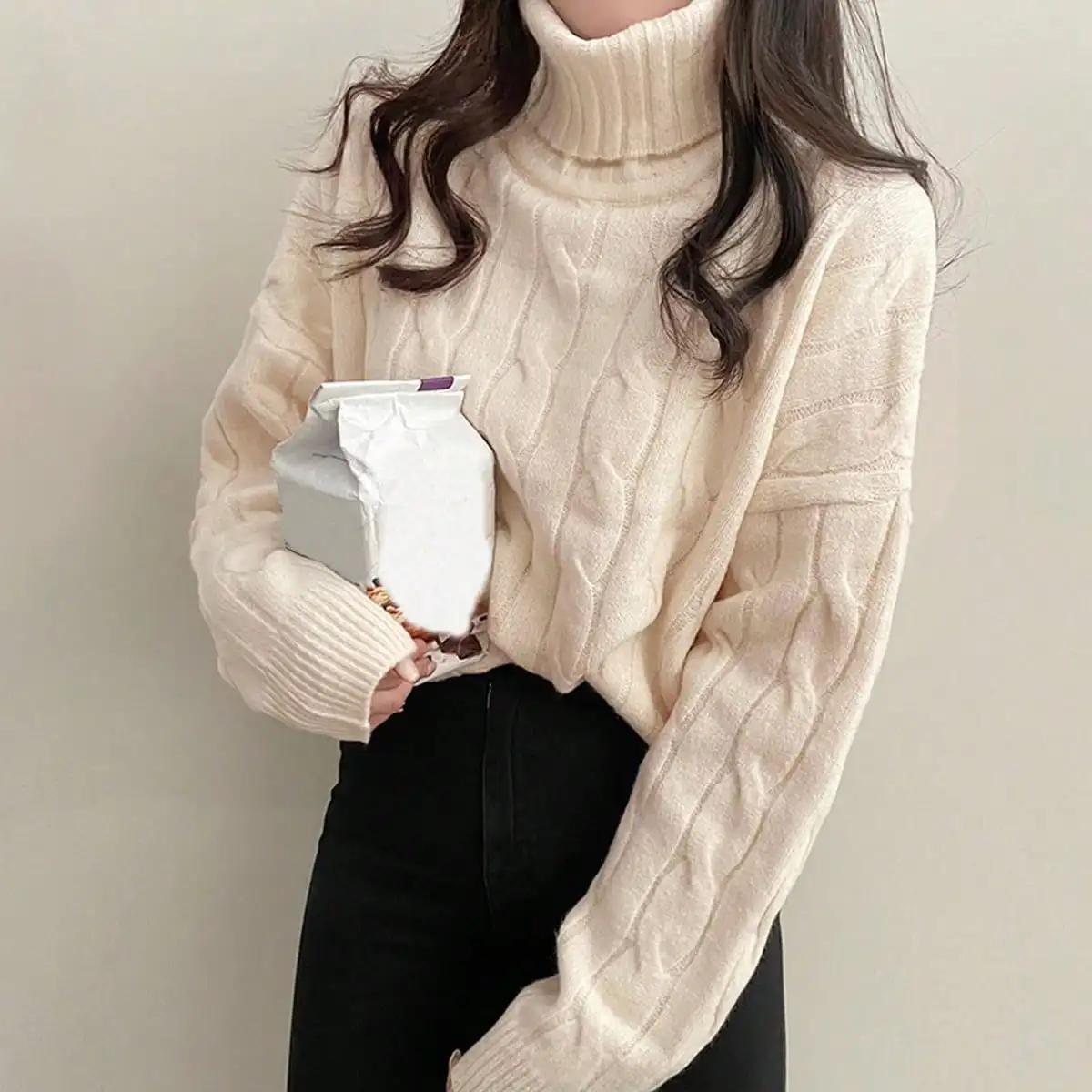 Korean Chic Autumn and Winter French Turtleneck Twist Long-Sleeved Knitwear High-End Loose Slimming Look Pullover Knitwear for Women