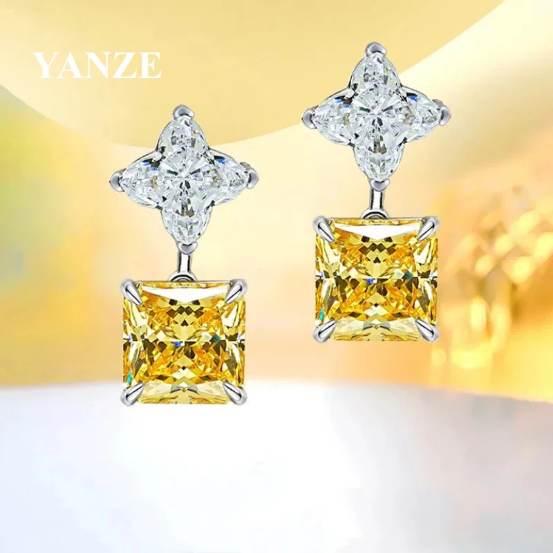 

10 * 10mm High carbon diamond yellow diamond earrings S925 silver new imported square geometric inlaid earrings