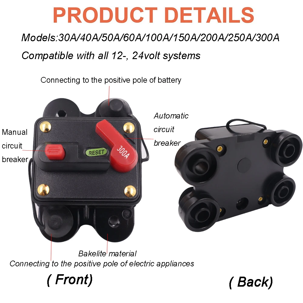 12V 24V 48V DC 30-300A protezione per auto batteria Mini circuito breakercon ripristino manuale Car Boat Manual Power Protect