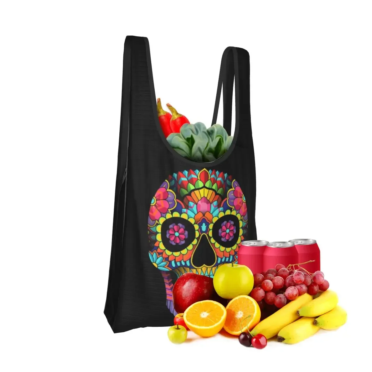 Sugar Skull Full Colors Portable Tote Shopping Bags Foldable Shopper Bag Grocery Handbag Shoulder Bag