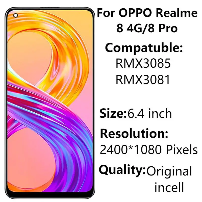 

Original 6.4" AMOLED For OPPO Realme 8 4G RMX3085 LCD Display With Frame 8 Pro RMX308 LCD Screen Touch Digitizer Parts Repair