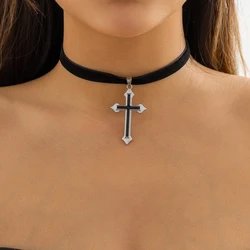 PuRui Gothic Dark Style Black Velvet Short Choker Necklace For Women Hip Hop Oil Drop Cross Pendant Necklace Trend Jewelry