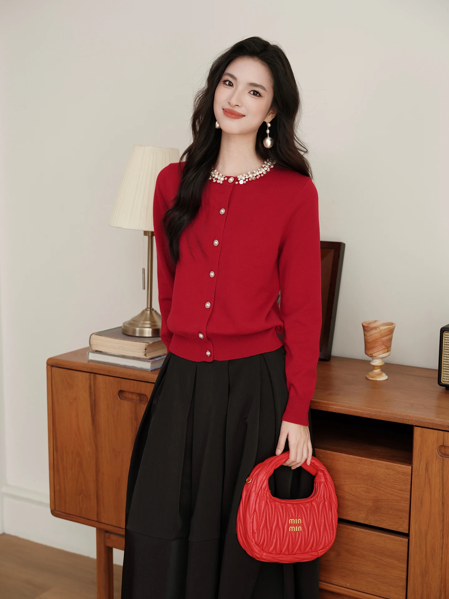 

Красный вязаный кардиган для женщин, модный универсальный топ для весеннего празднования Нового года, бренд FT GUOGE, из полиэфирного волокна, с длинными рукавами