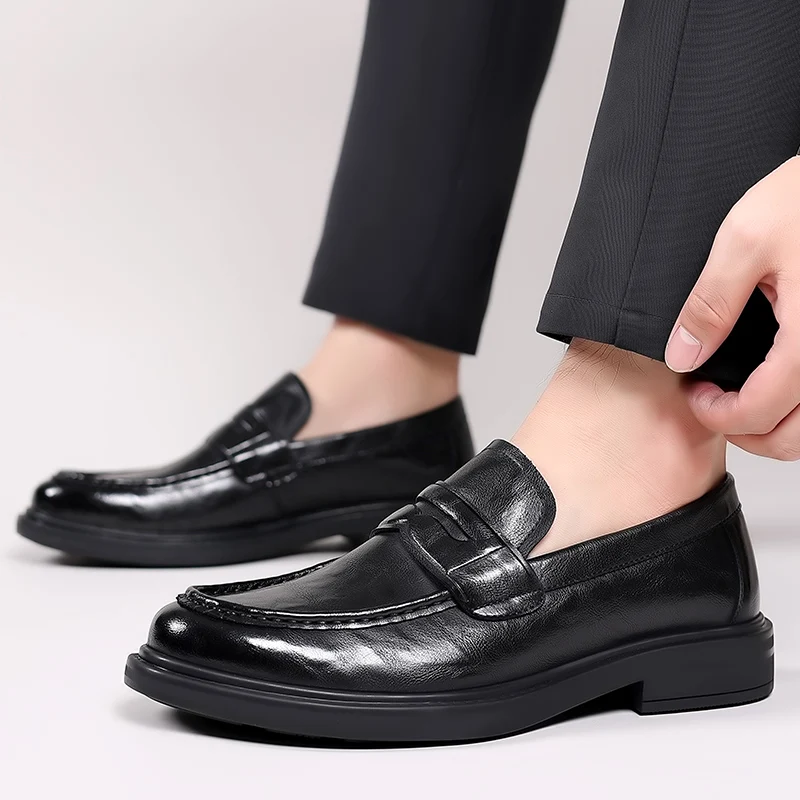 Zapatos italianos de cuero de alta gama sin cordones para hombre, zapatos de vestir de negocios con punta cuadrada, mocasines casuales formales sin