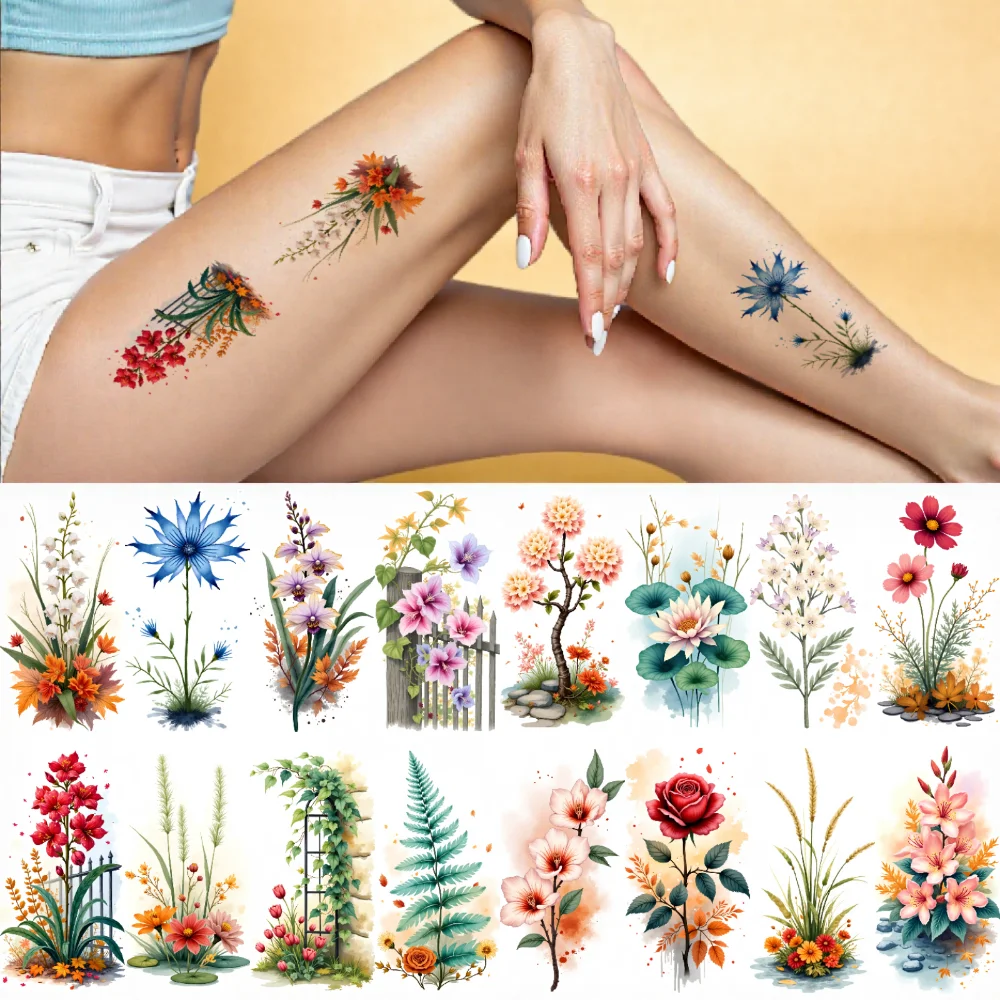 

9pcs Temporary Tattoo Petal Patterns Temporary Tattoo Stickers Nature Motifs Botanical Elements For Children Arms Chest