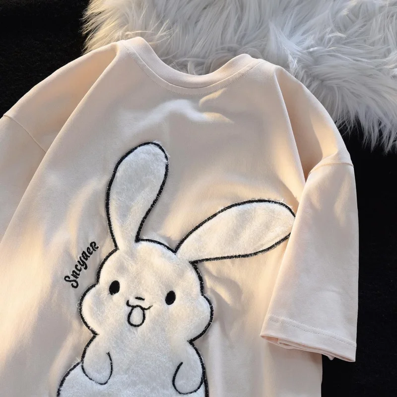 Harajuku Korean T-shirt Women Cute Flocking Rabbit Fashion Short-sleeved O-neck Solid Color Summer Niche Loose Cotton T-Shirts